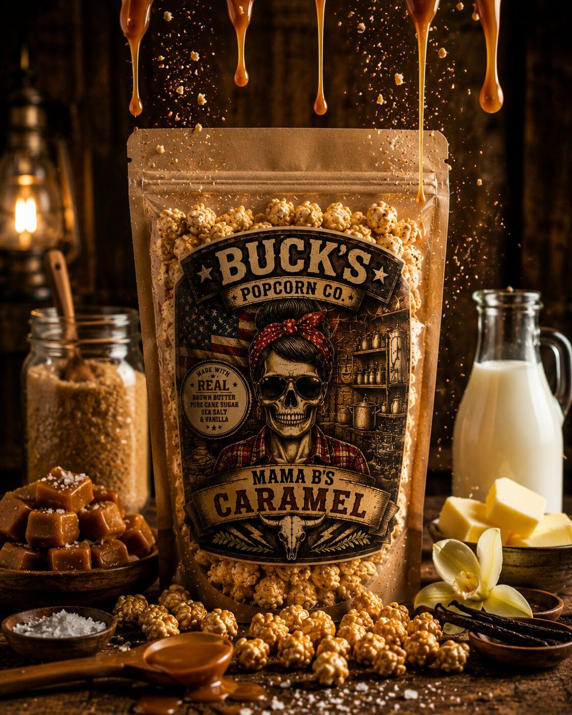 A bag of Mama B's Caramel with its Buck's label