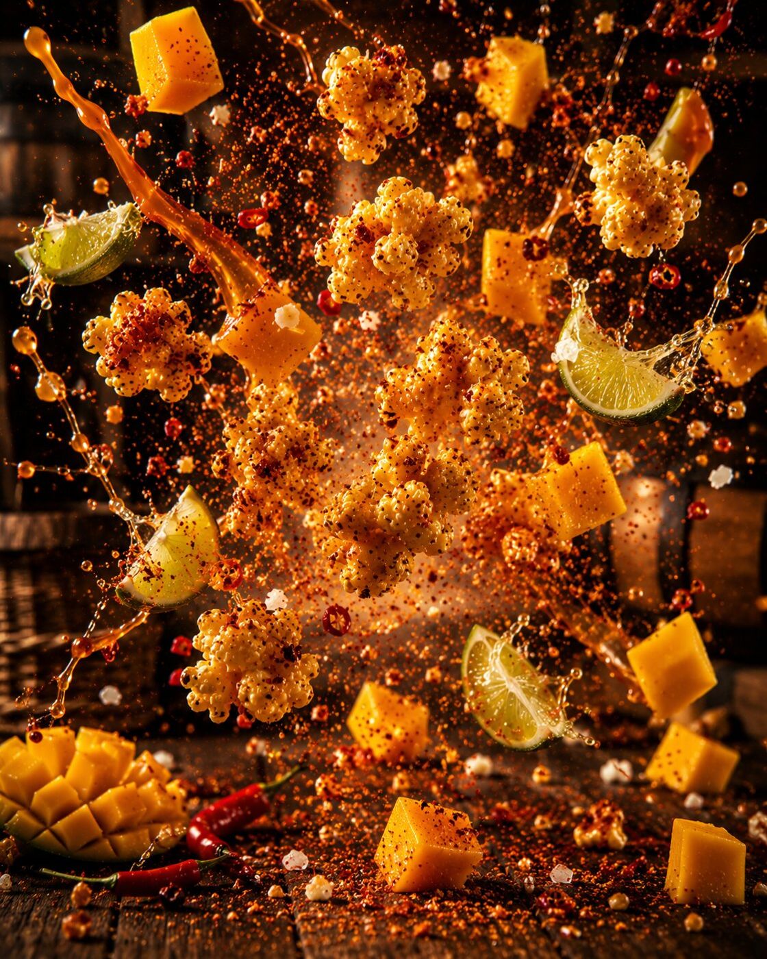 Mango Chili Crunch popcorn bursting with mango and lime