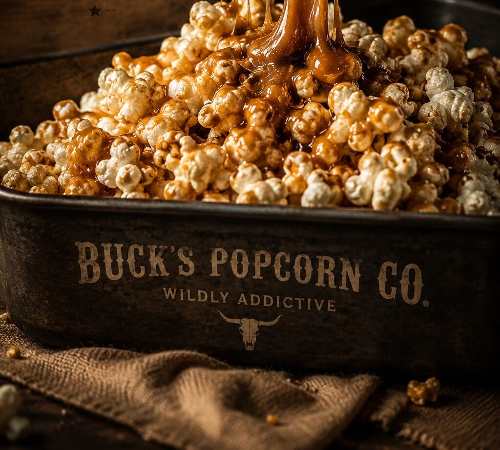 Fresh caramel popcorn in a Buck's Popcorn Co. tin